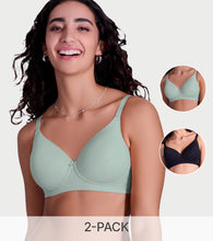 Load image into Gallery viewer, Enamor Ultra Smooth T-Shirt Bra - Padded, Non-Wired, Full Coverage - A127 (Jet Black/Jade Green)-Pack of 2
