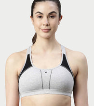 Load image into Gallery viewer, Enamor Medium Impact, Side Panel Shaping, Racer Back Women's Cotton Sports Bra - Padding with Removable Cups, Wirefree, High Coverage - SB08 (Greymelange)