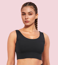 Load image into Gallery viewer, Enamor Sleeveless Crew Neck Crop length Pull On Sports Bra For Women - Hugged Fit, Cut Away Back Detail - A206 (Jet Black)
