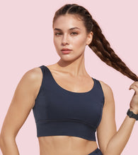 Load image into Gallery viewer, Enamor Sleeveless Crew Neck Crop length Pull On Sports Bra For Women - Hugged Fit, Cut Away Back Detail - A206 (Navy)