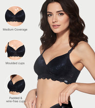 Load image into Gallery viewer, Enamor The Balconette T-Shirt Bra for Women, Padded , Wire-Free, Medium Coverage, Scallop Lace, Jacquard - FE39 (Black)