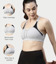 Load image into Gallery viewer, Enamor Medium Impact, Side Panel Shaping, Racer Back Women's Cotton Sports Bra - Padding with Removable Cups, Wirefree, High Coverage - SB08 (Greymelange)