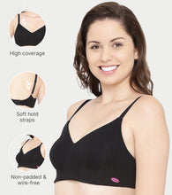 Load image into Gallery viewer, Enamor Ultra-Smoothing Women's Cotton Everyday T-Shirt Bra - No-Pinch, Hidden Lift, Non Padded, Wirefree, High Coverage - A027 (Black)