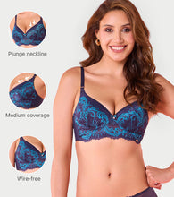 Load image into Gallery viewer, Enamor F193 Padded Wire-Free Medium Coverage Glam Scroll Plunge Bra - Aqua Swill