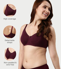 Load image into Gallery viewer, Enamor Comfort Shaper with Plush Side Shaper Panel Women's Cotton Everyday T-Shirt Bra - Detachable Straps, Non Padded, Wirefree, High Coverage - A055 (Grapewine)