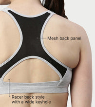 Load image into Gallery viewer, Enamor Medium Impact, Side Panel Shaping, Racer Back Women's Cotton Sports Bra - Padding with Removable Cups, Wirefree, High Coverage - SB08 (Greymelange)