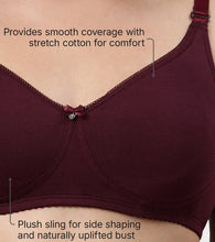 Load image into Gallery viewer, Enamor Comfort Shaper with Plush Side Shaper Panel Women's Cotton Everyday T-Shirt Bra - Detachable Straps, Non Padded, Wirefree, High Coverage - A055 (Grapewine)