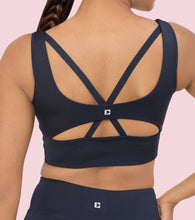 Load image into Gallery viewer, Enamor Sleeveless Crew Neck Crop length Pull On Sports Bra For Women - Hugged Fit, Cut Away Back Detail - A206 (Navy)
