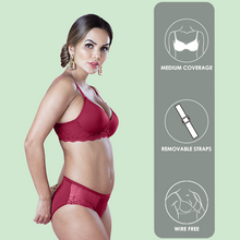 Load image into Gallery viewer, Sonari Romantic Nylon Spandex Lace Medium Coverage Padded Wirefree Bridal Lingerie Set with Low Rise Bikini Panty – FLASH