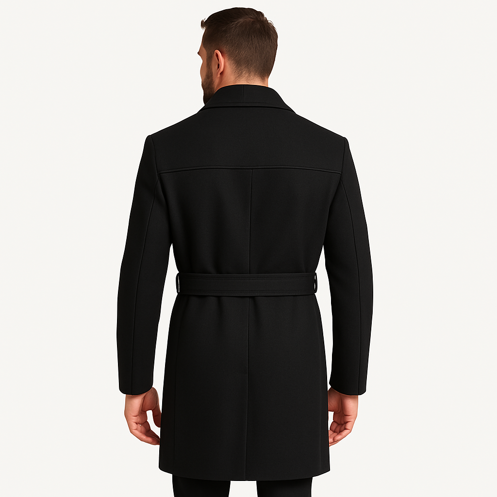 Romano NX Men's Black Wool Overcoat with Belt | Premium winter