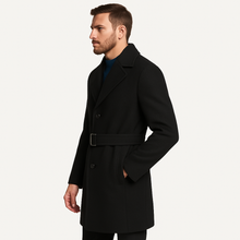 Load image into Gallery viewer, Romano NX Men’s Black Wool Overcoat with Belt | Premium winter coat designed for style, comfort & warmth | Perfect for business, travel & casual wear