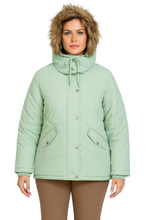Load image into Gallery viewer, Romano nx Women's Mint Green Quilted Snow Jacket with Fur Hood – Warm Winter Coat for Travel & Outdoor Wear