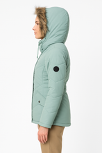 Load image into Gallery viewer, Romano nx Women's Mint Green Quilted Snow Jacket with Fur Hood – Warm Winter Coat for Travel & Outdoor Wear
