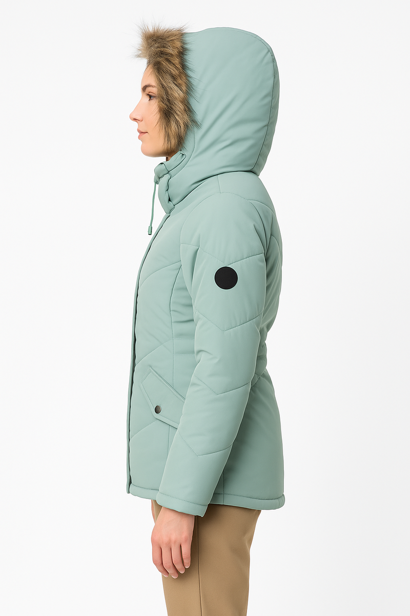 Romano nx Women's Mint Green Quilted Snow Jacket with Fur Hood