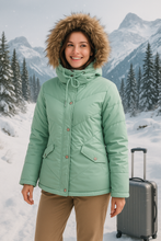 Load image into Gallery viewer, Romano nx Women's Mint Green Quilted Snow Jacket with Fur Hood – Warm Winter Coat for Travel & Outdoor Wear