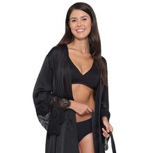 Load image into Gallery viewer, Wacoal Lacy Sleeves Knee Length Shiny Finish Wrap-Over Bridal Wear Satin Robe - Black DI08A01