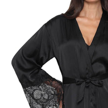 Load image into Gallery viewer, Wacoal Lacy Sleeves Knee Length Shiny Finish Wrap-Over Bridal Wear Satin Robe - Black DI08A01