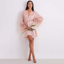 Load image into Gallery viewer, Wacoal Lacy Sleeves Knee Length Shiny Finish Wrap-Over Bridal Wear Satin Robe - Peach DI08A01