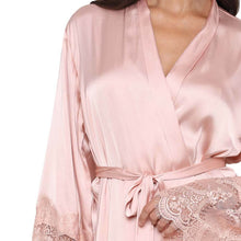 Load image into Gallery viewer, Wacoal Lacy Sleeves Knee Length Shiny Finish Wrap-Over Bridal Wear Satin Robe - Peach DI08A01
