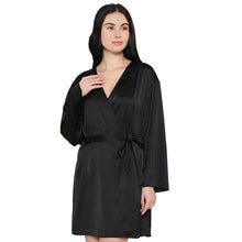 Load image into Gallery viewer, Wacoal Women’s Long Sleeve Knee Length Shiny Finish Bridal Wear Satin Robe-Black DI10A01
