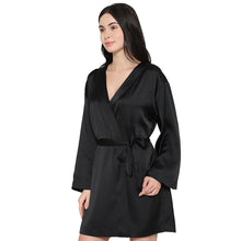 Load image into Gallery viewer, Wacoal Women’s Long Sleeve Knee Length Shiny Finish Bridal Wear Satin Robe-Black DI10A01