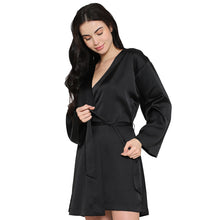 Load image into Gallery viewer, Wacoal Women’s Long Sleeve Knee Length Shiny Finish Bridal Wear Satin Robe-Black DI10A01