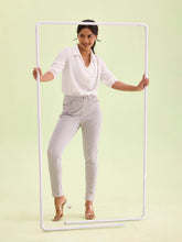 Load image into Gallery viewer, Go Colors Off White Cotton Poly Stretch Stripes Printed Jeggings