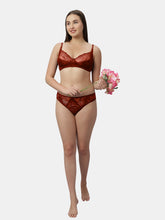 Load image into Gallery viewer, Sonari Nylon Lace Romantic Lingerie Set with Non-Padded Wirefree Medium Coverage Bra and Full Coverage Lace Panty – MEERA