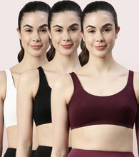 Load image into Gallery viewer, Enamor Low Impact Women's Cotton Everyday Sports Bra - All Day Comfort, Non Padded, Wirefree, High Coverage - SB06 (Black/White/Grapewine)
