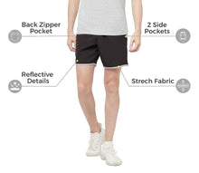 Load image into Gallery viewer, Romano nx Men's Black 7 inch Dry Fit Sports Running Reflective Shorts with 2 Side Pockets and Zipper Back Pocket romanonx.com