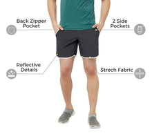 Load image into Gallery viewer, Romano nx Men's Dark Grey 7 inch Dry Fit Sports Running Reflective Shorts with 2 Side Pockets and Zipper Back Pocket romanonx.com