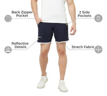 Load image into Gallery viewer, Romano nx Men's Navy Blue 7 inch Dry Fit Sports Running Reflective Shorts with 2 Side Pockets and Zipper Back Pocket romanonx.com