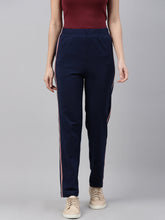 Load image into Gallery viewer, Go Colors Navy Cotton Stretch Side Stripes Track Pant

