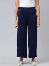 Load image into Gallery viewer, Go Colors Navy Viscose Stretch Knit Palazzo
