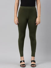 Load image into Gallery viewer, Go Colors Dark Olive Cotton Stretch Ankle Length Leggings
