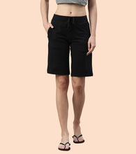 Load image into Gallery viewer, Enamor Mid Rise Knee length Drawstring Closure City Shorts For Women - Slim Fit, Soft and Breathable Cotton - E044 (Jet Black)

