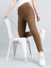 Load image into Gallery viewer, Go Colors Brown Poly Stretch Suede Tregging
