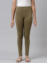 Load image into Gallery viewer, Go Colors Medium Olive Cotton Stretch  Ankle Length Leggings
