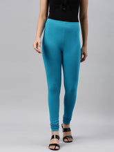 Load image into Gallery viewer, Go Colors Peacock Blue Cotton Stretch Ankle Length Leggings
