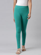 Load image into Gallery viewer, Go Colors Peacock Green Cotton Stretch  Ankle Length Leggings
