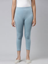 Load image into Gallery viewer, Go Colors Dusty Blue Cotton Stretch  Cropped Leggings
