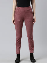 Load image into Gallery viewer, Go Colors Light Wine Poly Stretch Suede Tregging
