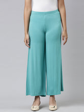 Load image into Gallery viewer, Go Colors Peacock Green Viscose Stretch Knit Palazzo
