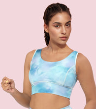 Load image into Gallery viewer, Enamor Cutaway Back Detail Quick Dry Printed Sports Bra - Removable Padding, Non-Wired, Medium Coverage - A204 (Galaxy Splatter Prt)
