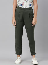 Load image into Gallery viewer, Go Colors Olive Green Woven Cotton Stretch Formal Trouser

