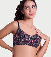 Load image into Gallery viewer, Enamor Full Support Modal T-Shirt Bra - Padded, Non-Wired, Full Coverage - A177 (Black Bouquet Print)
