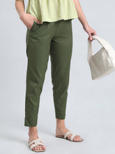 Load image into Gallery viewer, Go Colors Olive Green Cotton Pencil Pant
