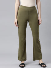 Load image into Gallery viewer, Go Colors Olive Green Cotton Stretch Flared Pant

