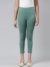 Load image into Gallery viewer, Go Colors Leaf Green Cotton Stretch  Cropped Leggings
