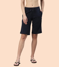 Load image into Gallery viewer, Enamor Mid Rise Knee length Drawstring Closure City Shorts For Women - Slim Fit, Soft and Breathable Cotton - E044 (Navy)
